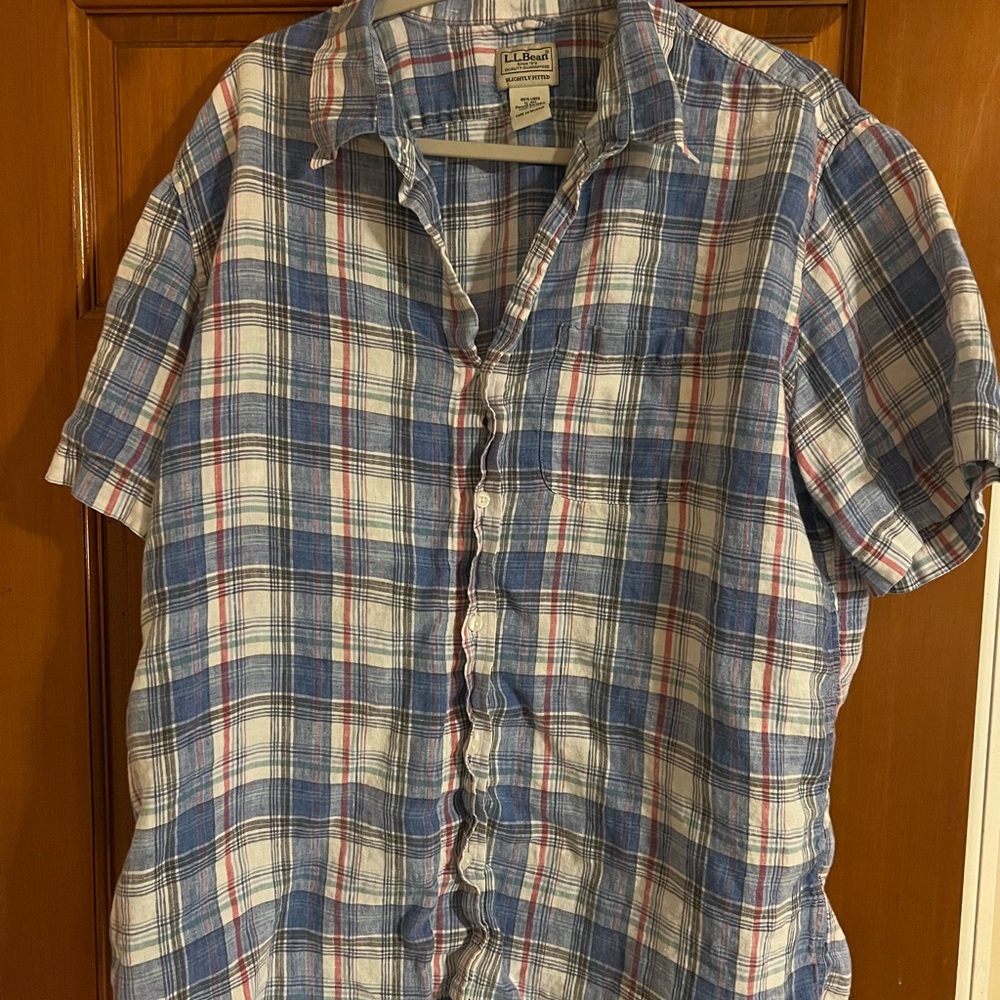 L.L. Bean Men's Casual Blue and Red Plaid Shirt 100% Linen